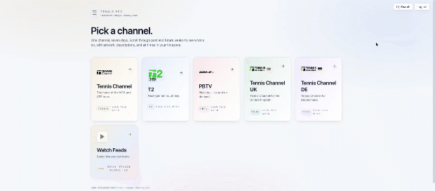 Tennis EPG channel picker and weekly schedule views
