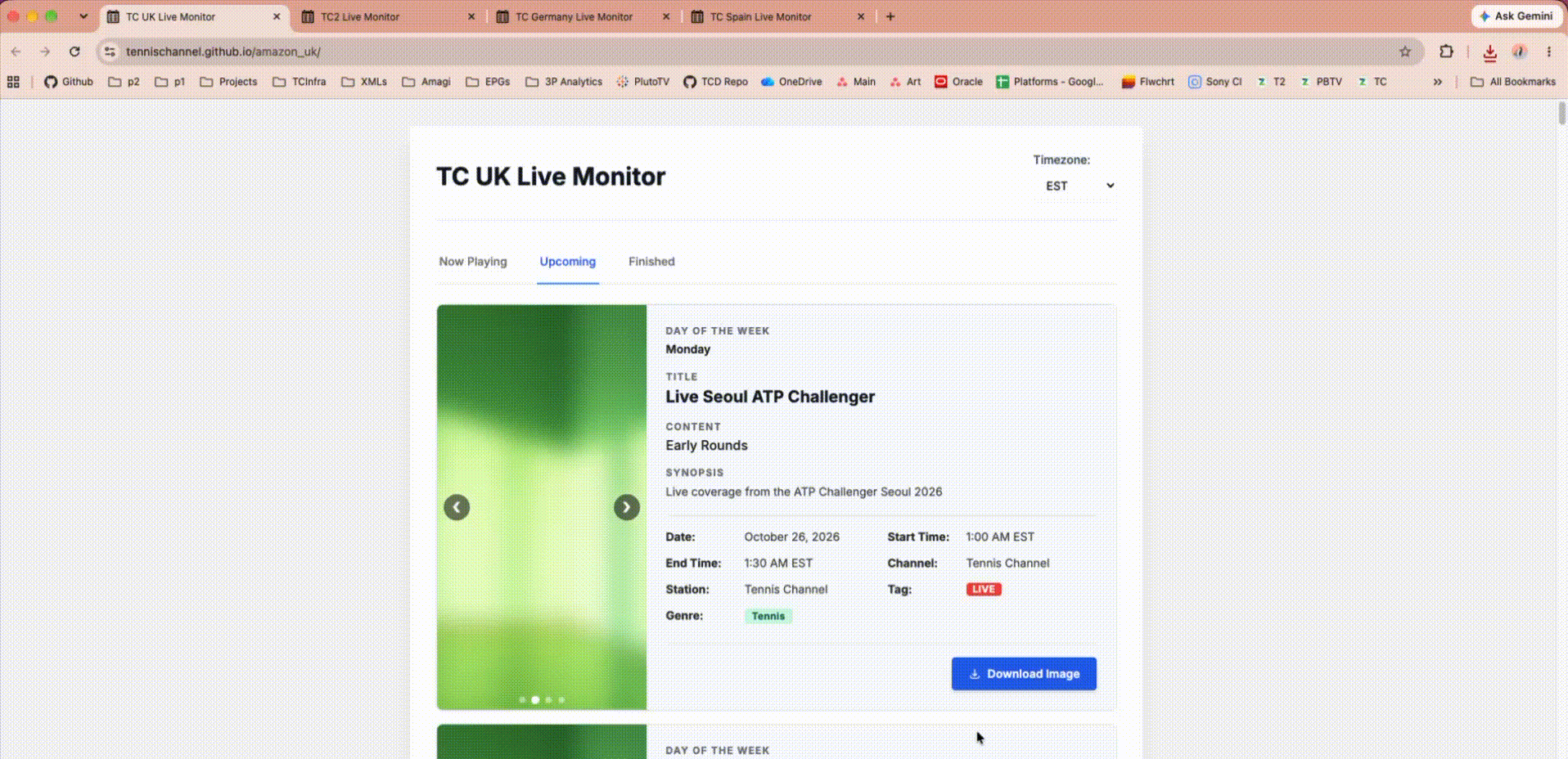 Amazon Channels live monitors for TC UK, T2, Germany and Spain