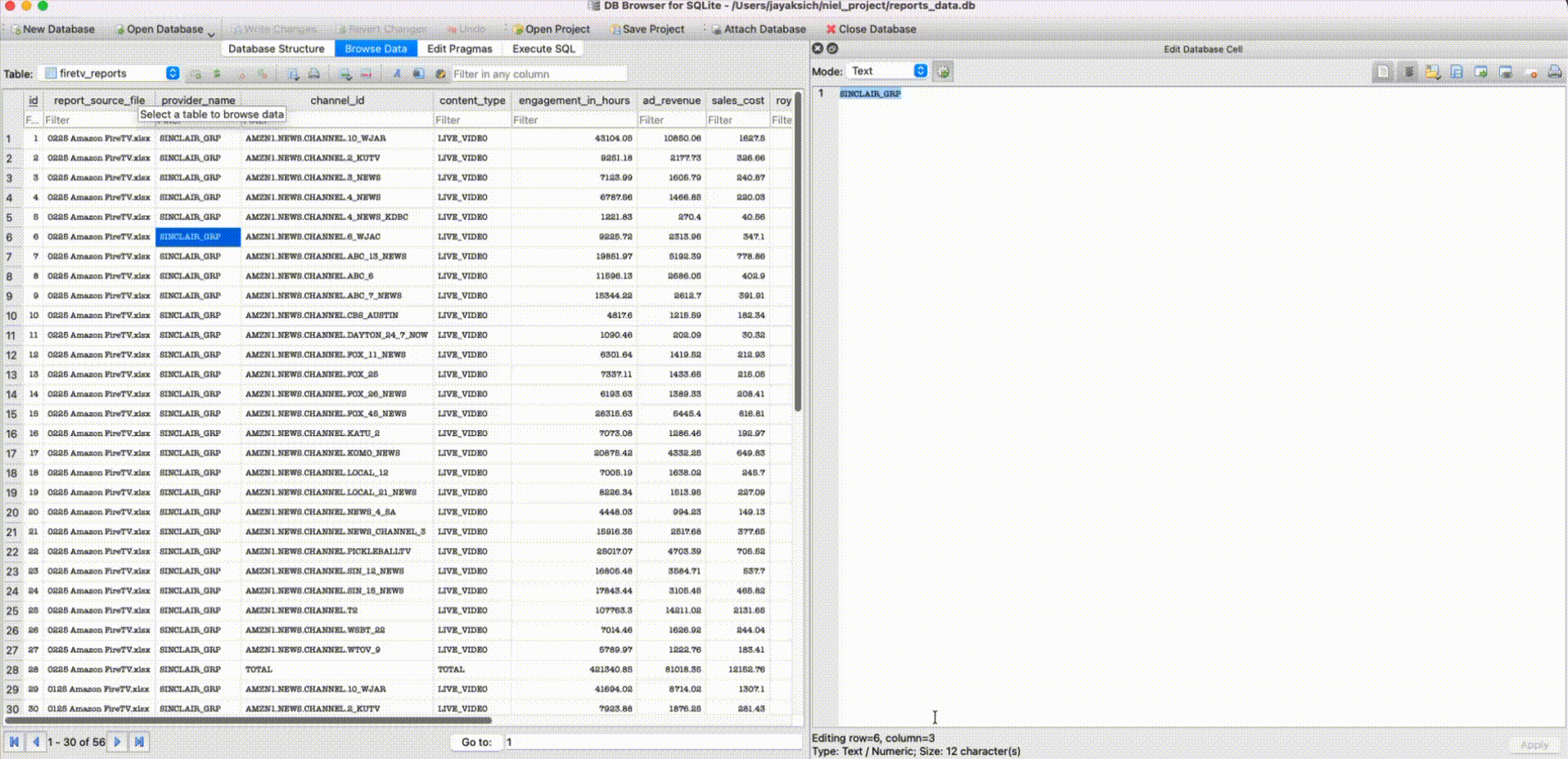 Royalty and remittance data parsed into a SQLite database
